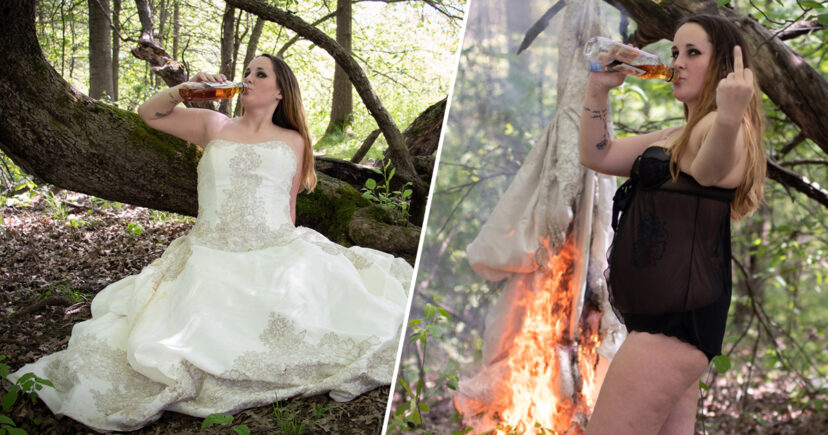 Gruaja feston në mënyrë të çmendur, djeg fustanin e nusërisë sa firmos divorcin