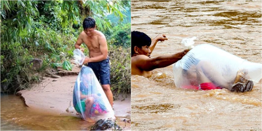 Brenda qeseve plastike duke kaluar lumin, sakrifica e fëmijëve për të shkuar në shkollë