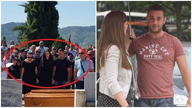 I prangosur, Kostandin Xhuvani kokëulur para arkivolit të të atit. Dalin pamjet nga ceremonia e varrimit