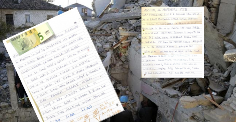 Letra prekëse e vogëlushes italiane për fëmijët shqiptarë pas tërmetit dhe një 5 eurosh brenda në zarf