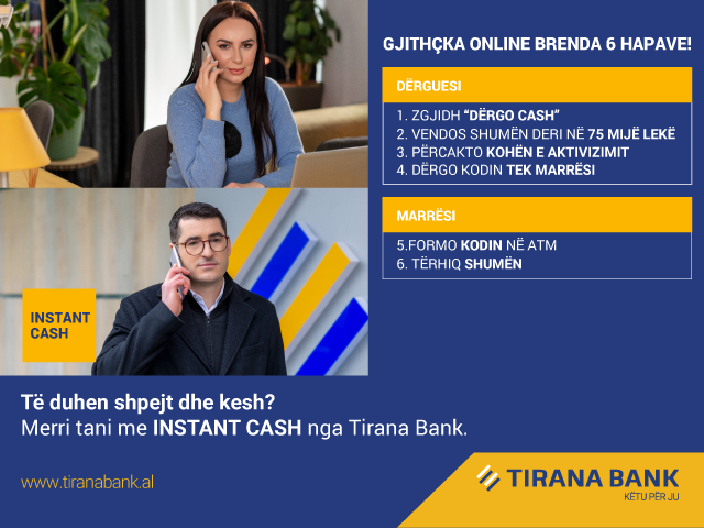 Në pak minuta merrni paratë me një kod me SMS falë Tirana Bank