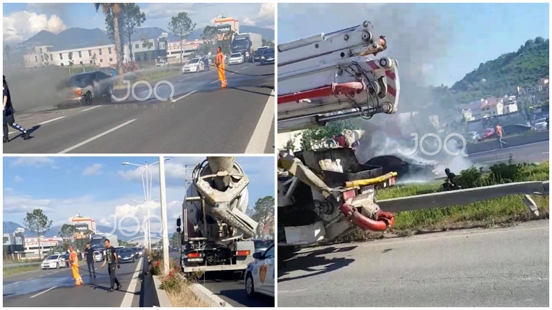 Paradoks në Shqipëri! Shpërthen në flakë makina në autostradë, betonierja e shuan si zjarrfikëse