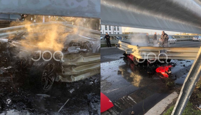 Pamje nga aksidenti në Laç/ Automjeti humbi kontrollin nga shpejtësia dhe shpërtheu në flakë