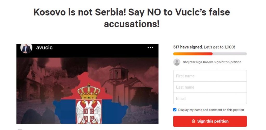 Kosovo is not Serbia! Peticion kundër Aleksander Vuçiq