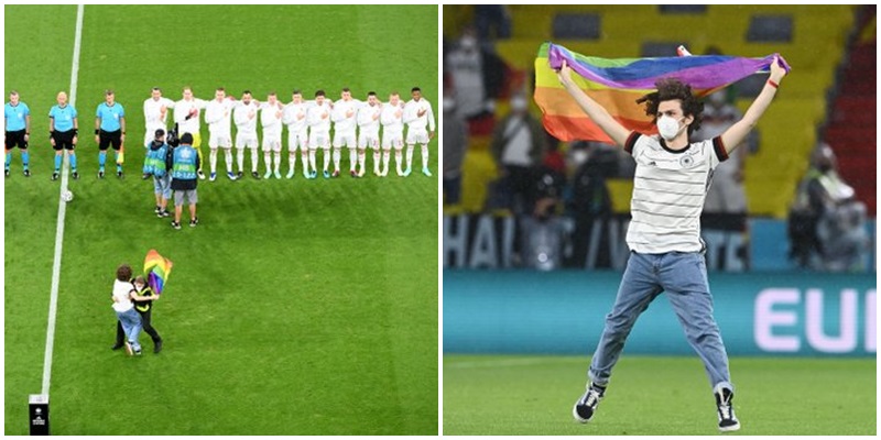Pas refuzimit të UEFA-s që “Allianz Arena” të ndriçohej me ngjyrat e ylberit, tifozi hyn në fushë me flamurin e LGBT