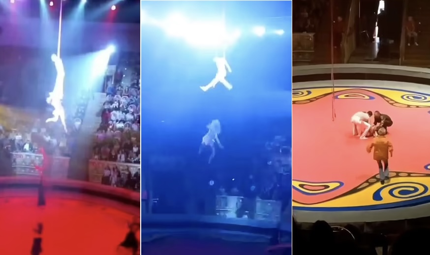 Moment i frikshëm! Akrobatja e cirkut rrëzohet gjatë performancës, publiku tmerrohet