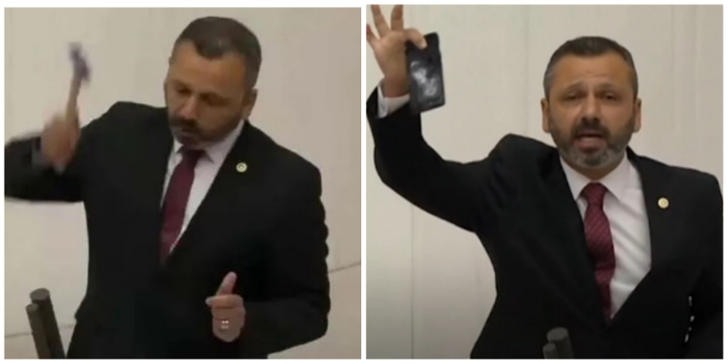 VIDEO/ Me çekiç me vete, deputeti turk thyen telefonin në foltoren e parlamentit
