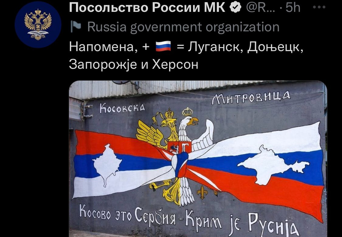 Në Maqedoni ambasada ruse shpërndan postimin në Twitter me mbishkrimin “Kosova është Serbi, Krimea është Rusi”