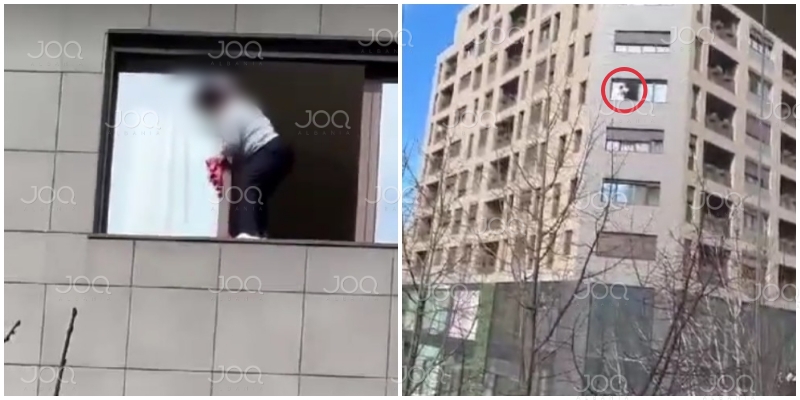 Tiranë/ Gruaja rrezikon jetën për të pastruar dritaret në katin e 6 me leckë në dorë