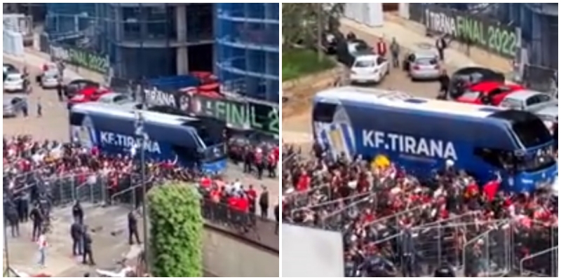 Tifozët e Partizanit sulmojnë autobusin e Tiranës dhe i thyejnë xhamat
