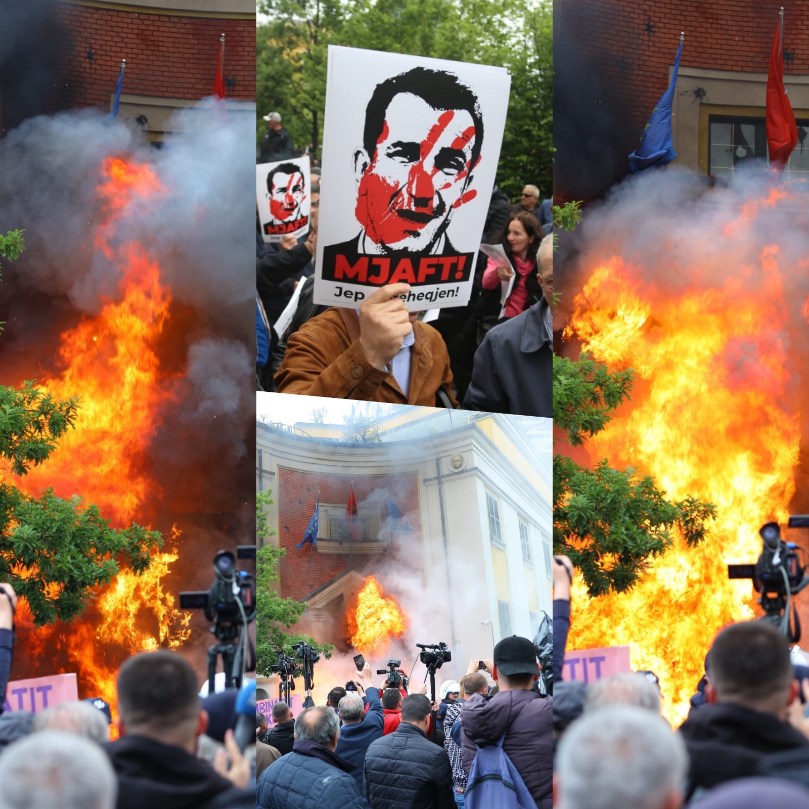 Protestuesit lyejnë me  bojë dhe i vënë flakën bashkisë Tiranë
