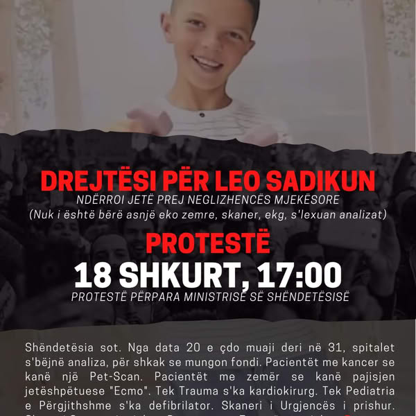 Familjarët e 12-vjeçarit që ndërroi jetë në QSUT thirrje për protestë para Ministrisë së Shëndetësisë