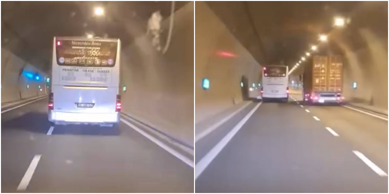 Autobusi me targa të Kosovës lëviz me mbi 120 km/h në tunelin e Kalimashit