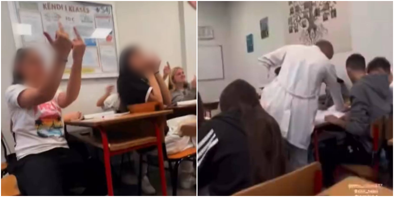 Mësuesi duke shpjeguar mësimin, nxënëset i nxjerrin gishtin e mesit