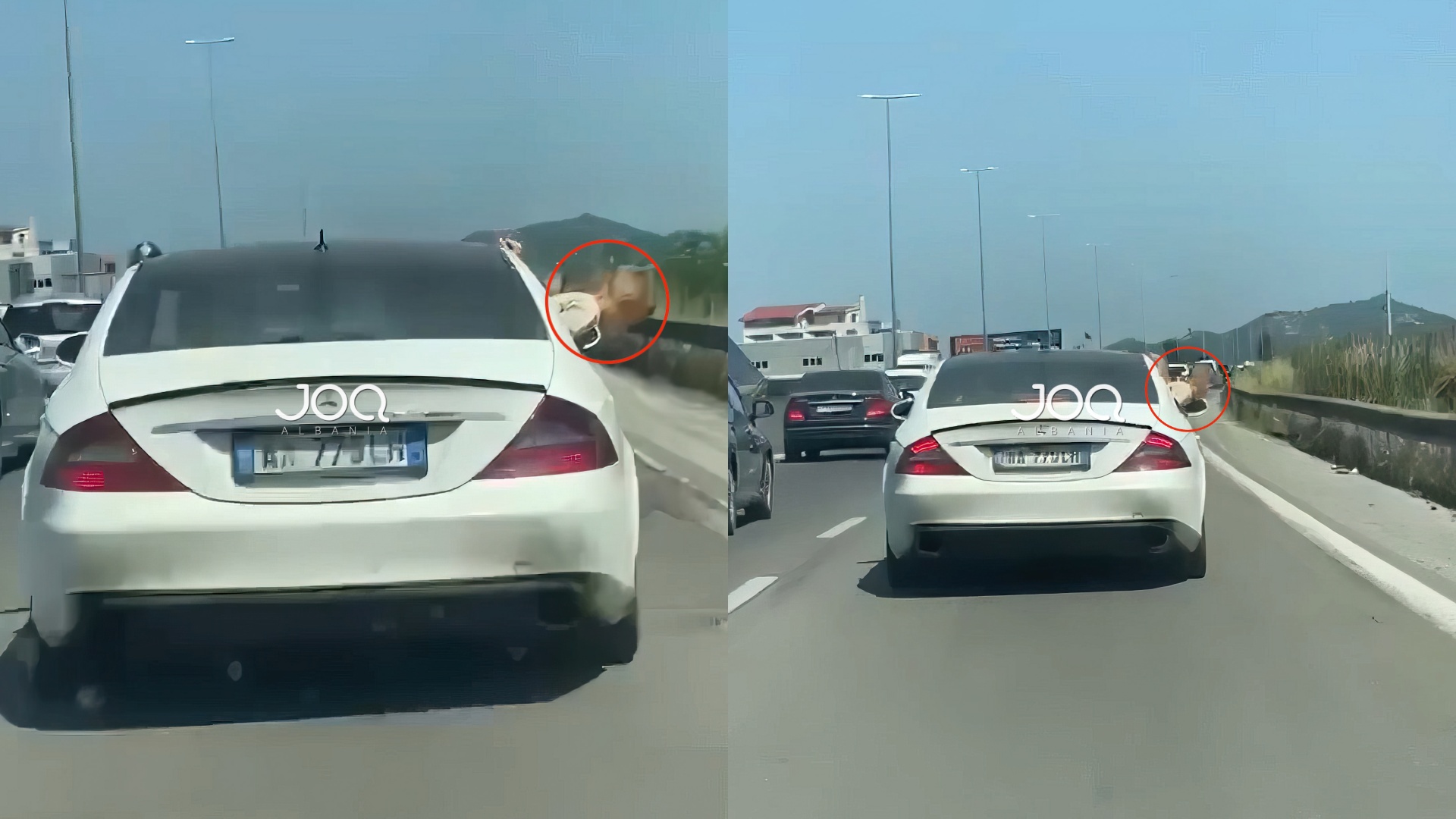 Shoferi bën manovra të rrezikshme në autostradë, fëmija varet nga dritarja