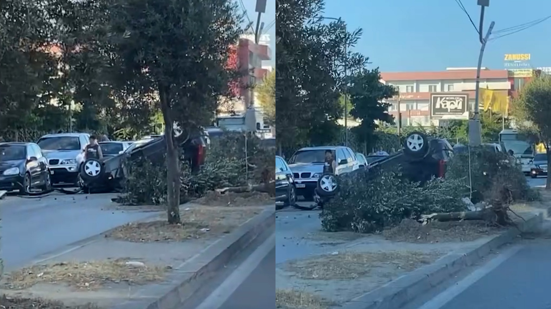 Makina përplaset me pemën dhe përmbyset në mes të rrugës