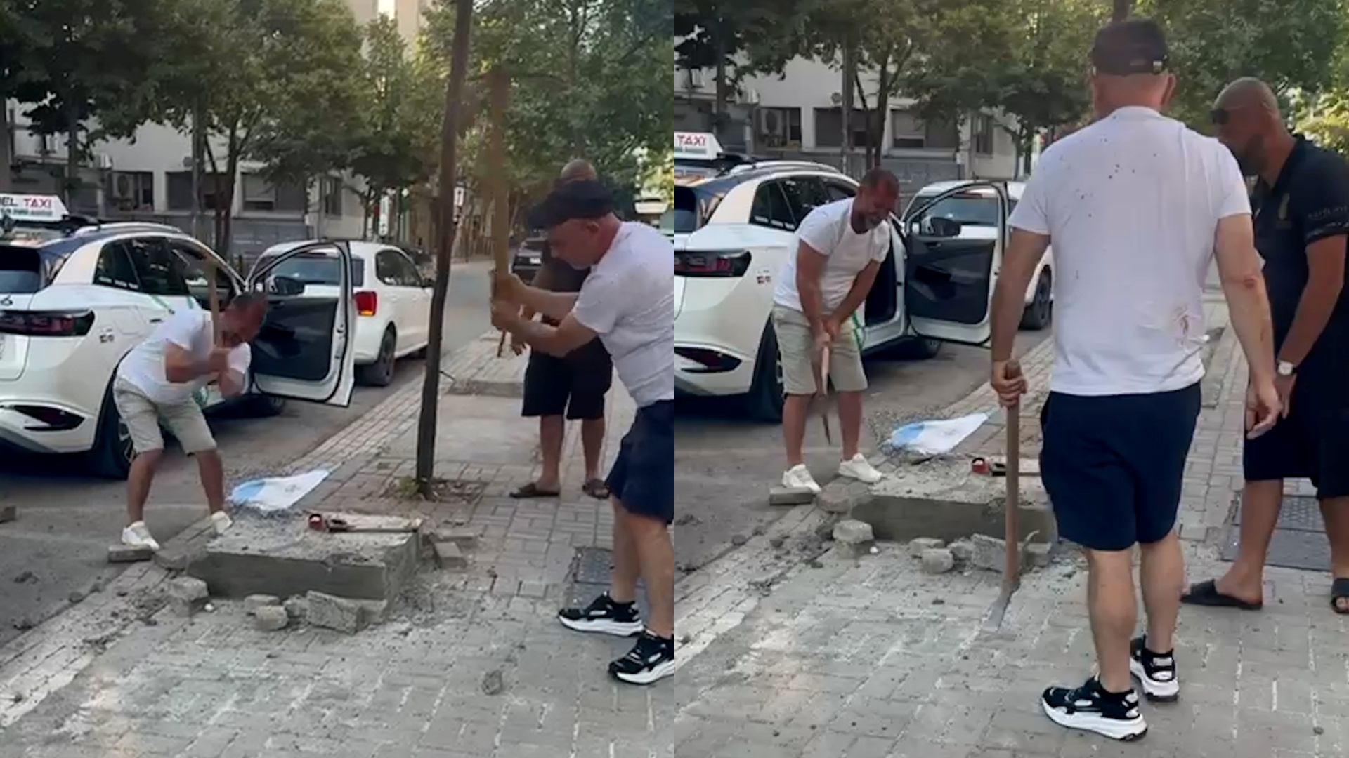 Taksitë private zaptojnë trotuaret në Tiranë, banorët marrin kazmat dhe ndërhyjnë