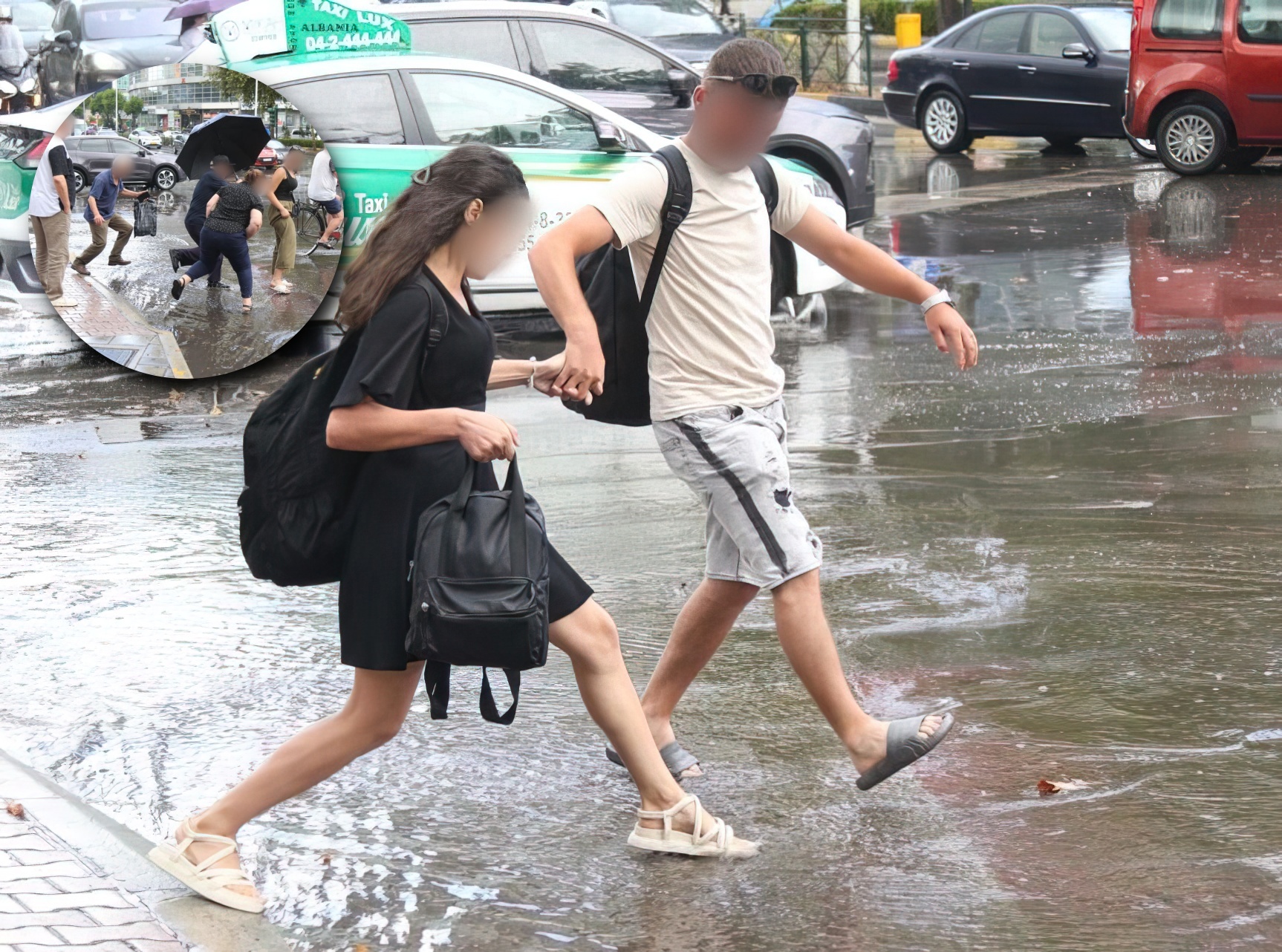 Akrobaci në Tiranë, qytetarët përpiqen të shmangin ujin që nuk thithën dot pusetat
