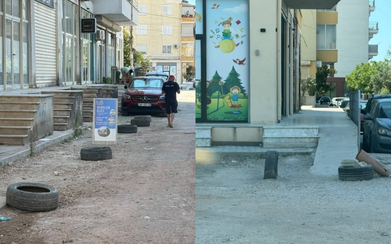Rruga  Loni Ligori  në Astir e bllokuar nga gomat e vendosura qëllimisht