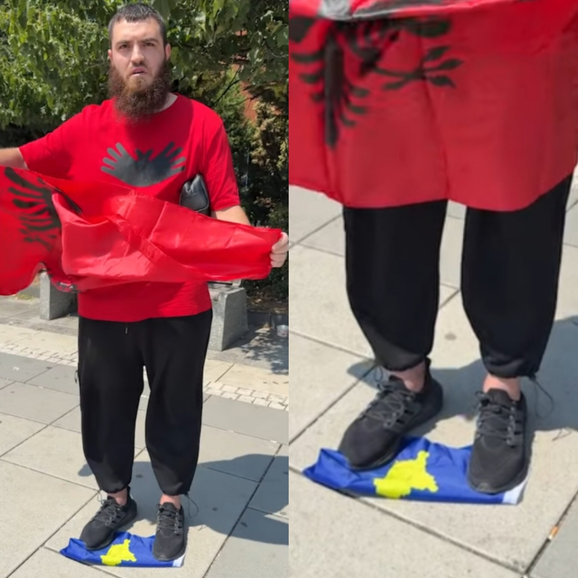 Një person shihet duke përdhosur flamurin e Kosovës, kinse në emër të bashkimit kombëtar