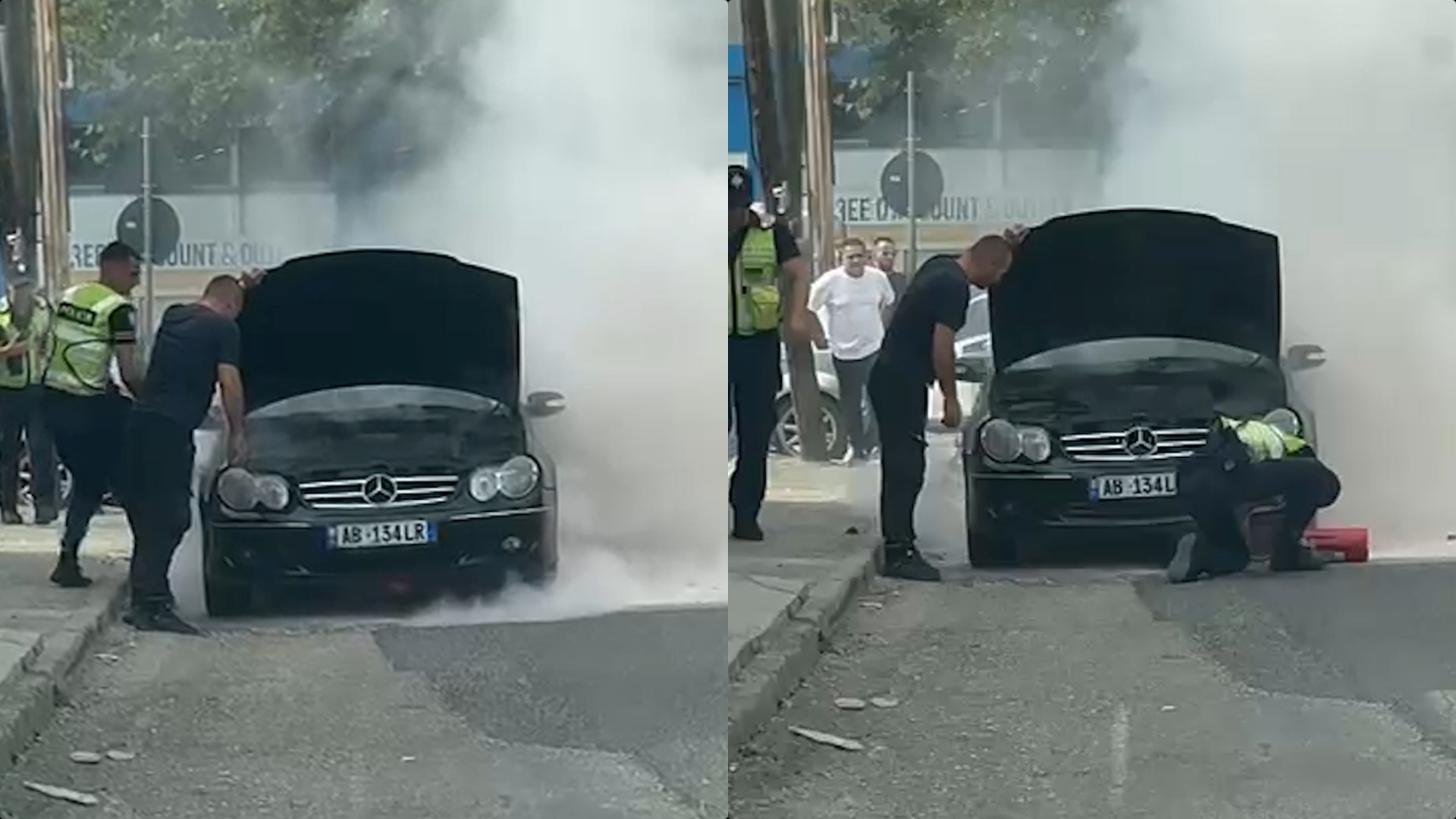 Polici hero merr fikësen e flakëve dhe shuan zjarrin e makinës që po digjej