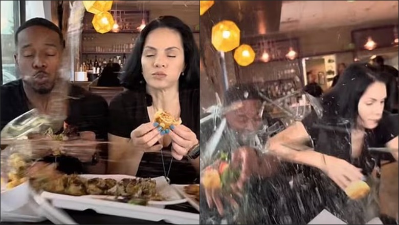 Momenti i frikshëm kur një çift goditen nga një makinë, ndërsa shijojnë pjatën me ushqim – brenda një restoranti në Teksas