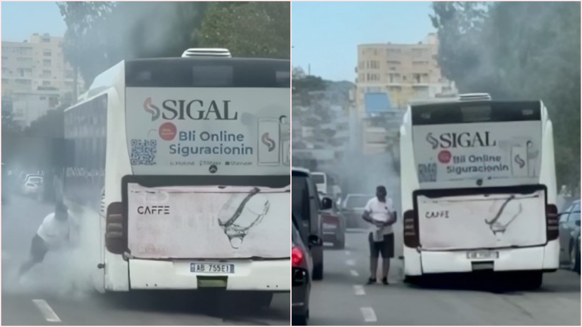 Përfshihet nga flakët autobusi, shoferi del me bidon për ta shuar