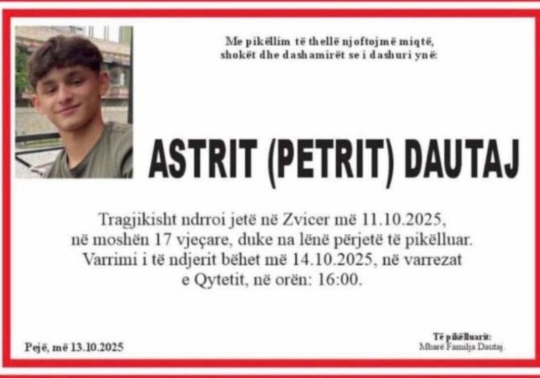 Vdiq tragjikisht në Zvicër, sot varroset 17-vjeçari në Pejë