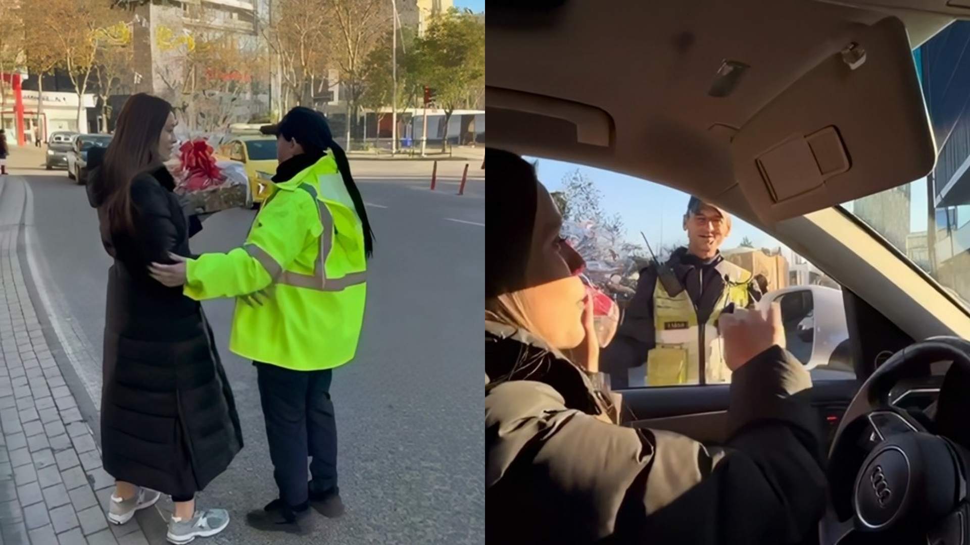 Vajza surprizon policët  u dhuron shporta për fundvit