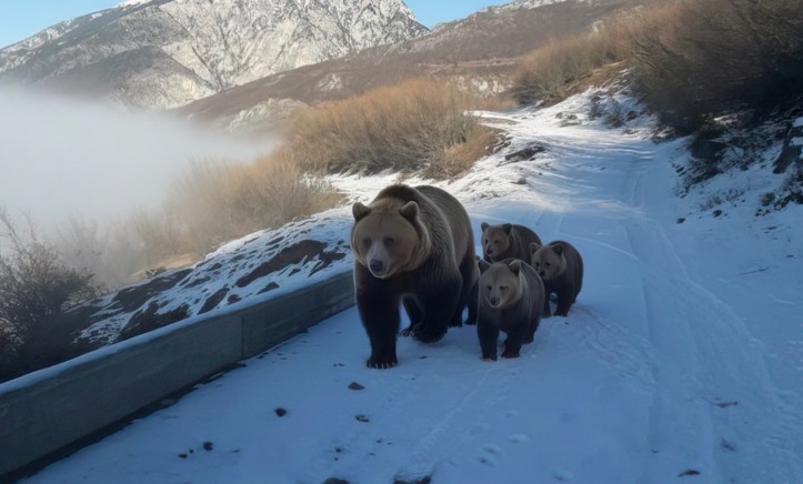 Kuksiani shkrep foton, arusha me 3 këlyshët e saj shëtitje në fshatin Kolesjan