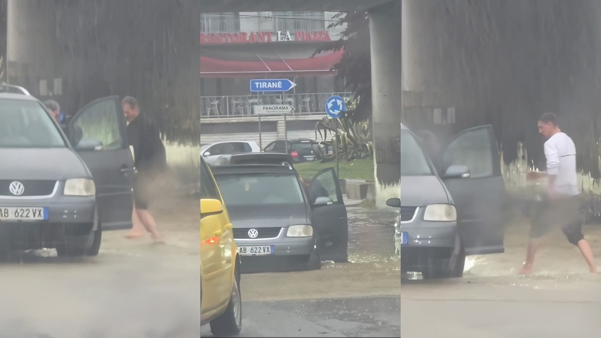 Dy të rinjtë ndihmojnë qytetarin të nxjerri makinën nga gropa me ujë