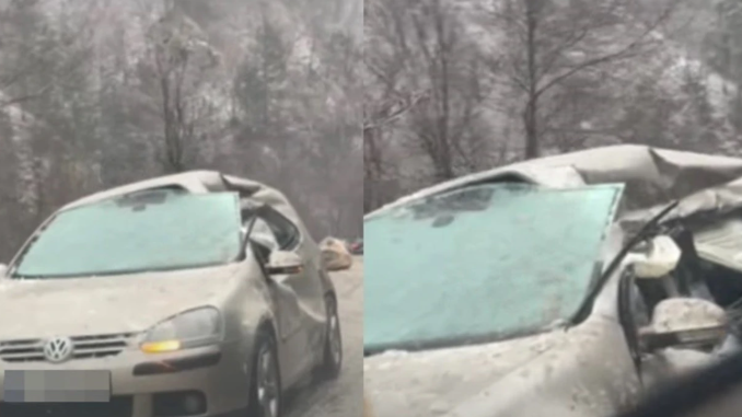 Bie guri madh në aksin Pejë-Kuqishtë, dëmtohet rëndë një veturë