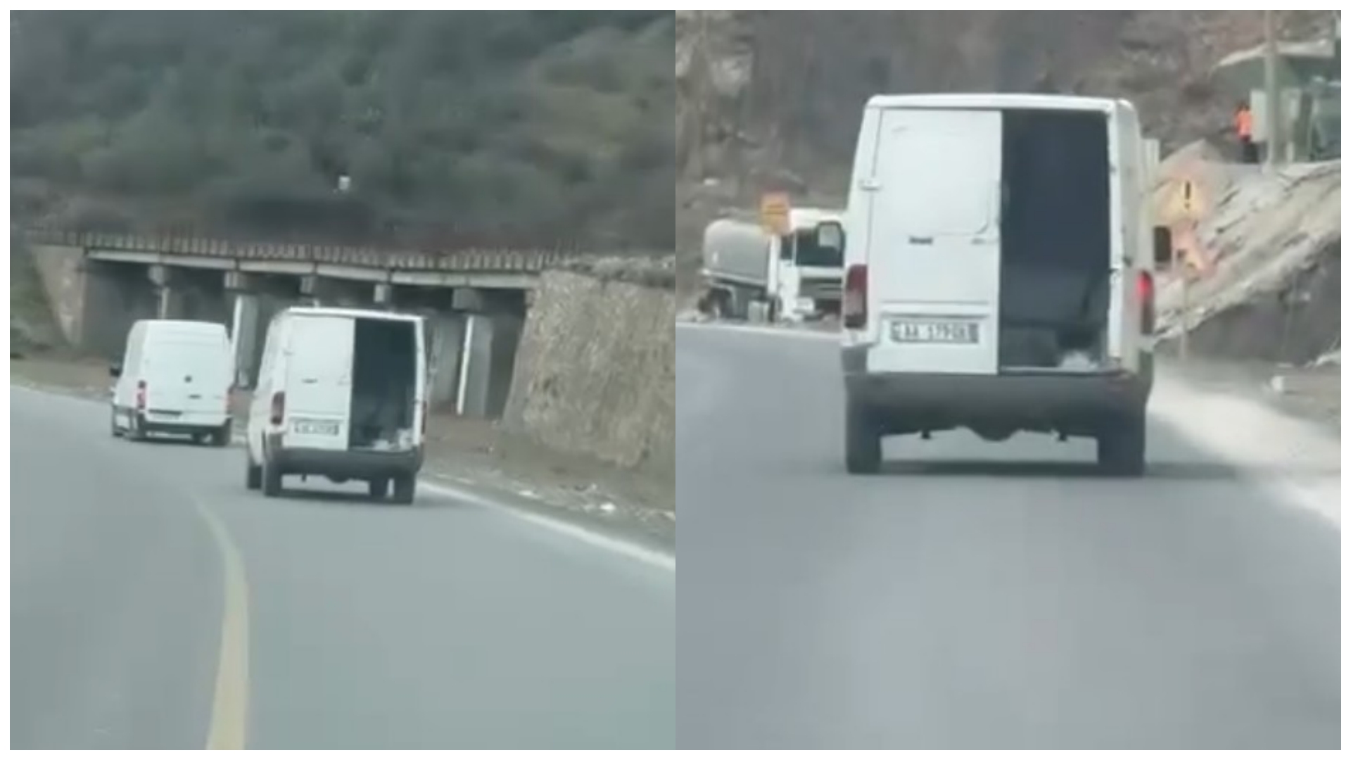 Furgoni  harron  derën hapur  ecën me shpejtësi në kthesa