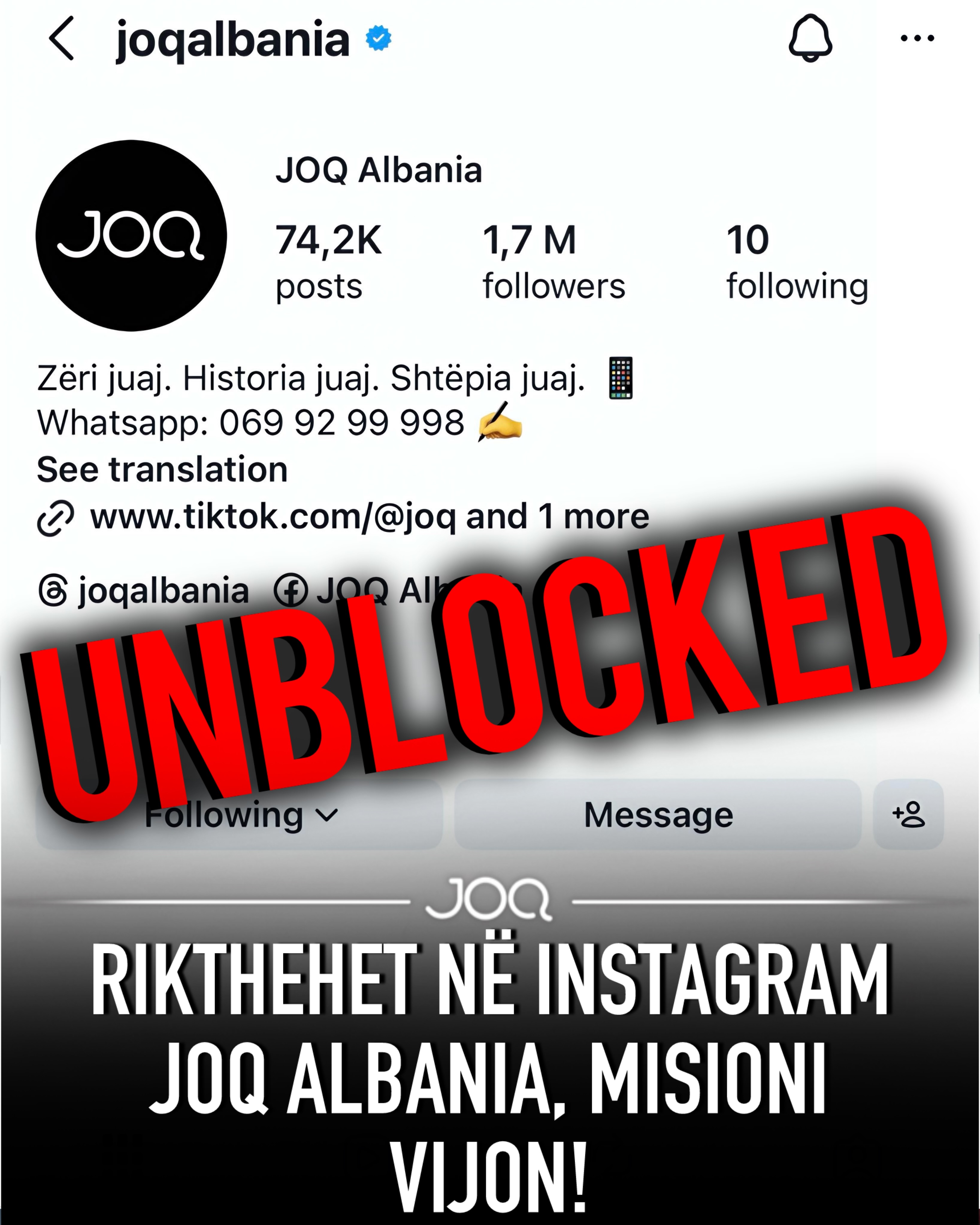 Rikthehet në Instagram JOQ Albania  misioni nuk ndalet 