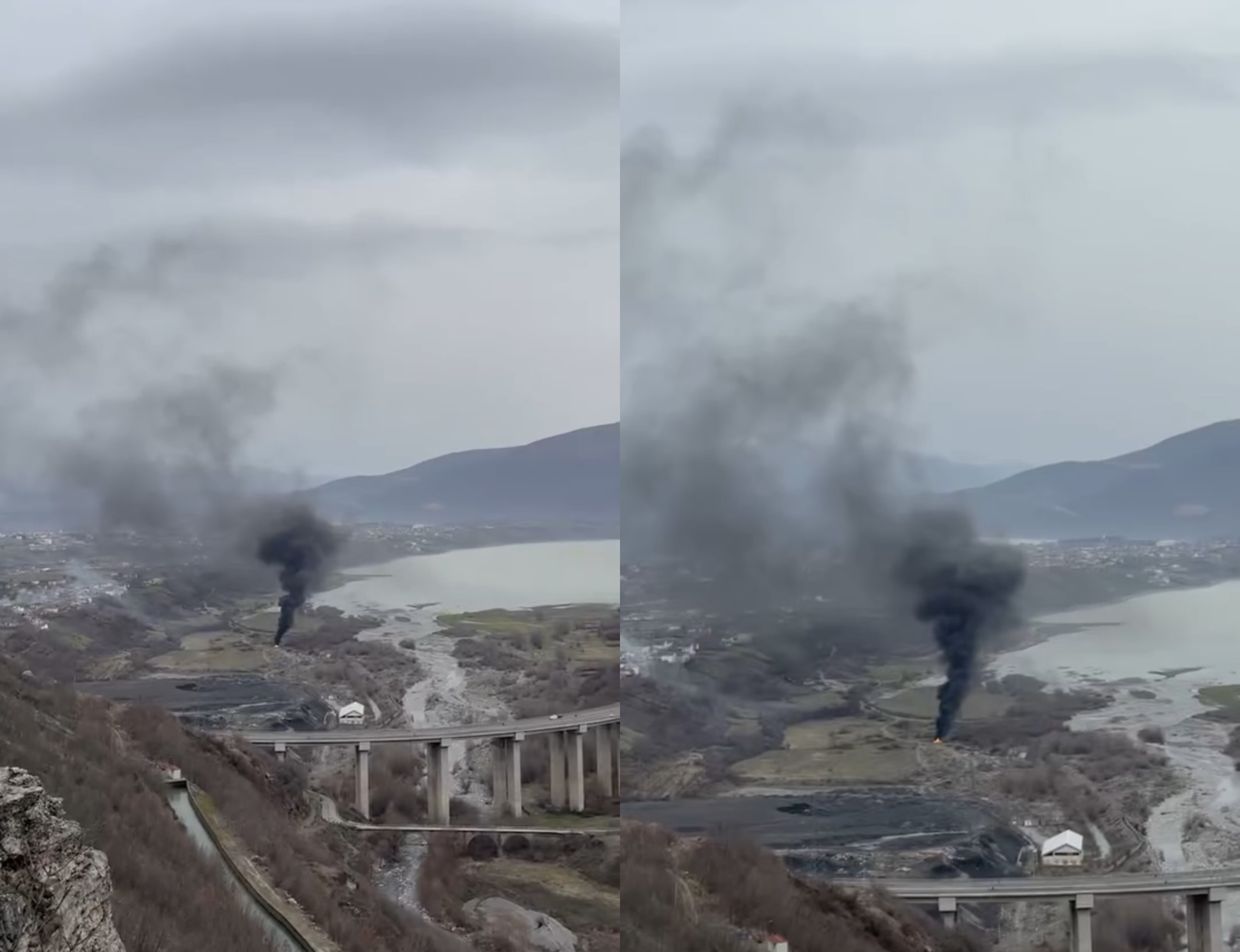 Kukësit i del tymi i zi  pranë liqenit digjen mbeturina dhe goma makinash