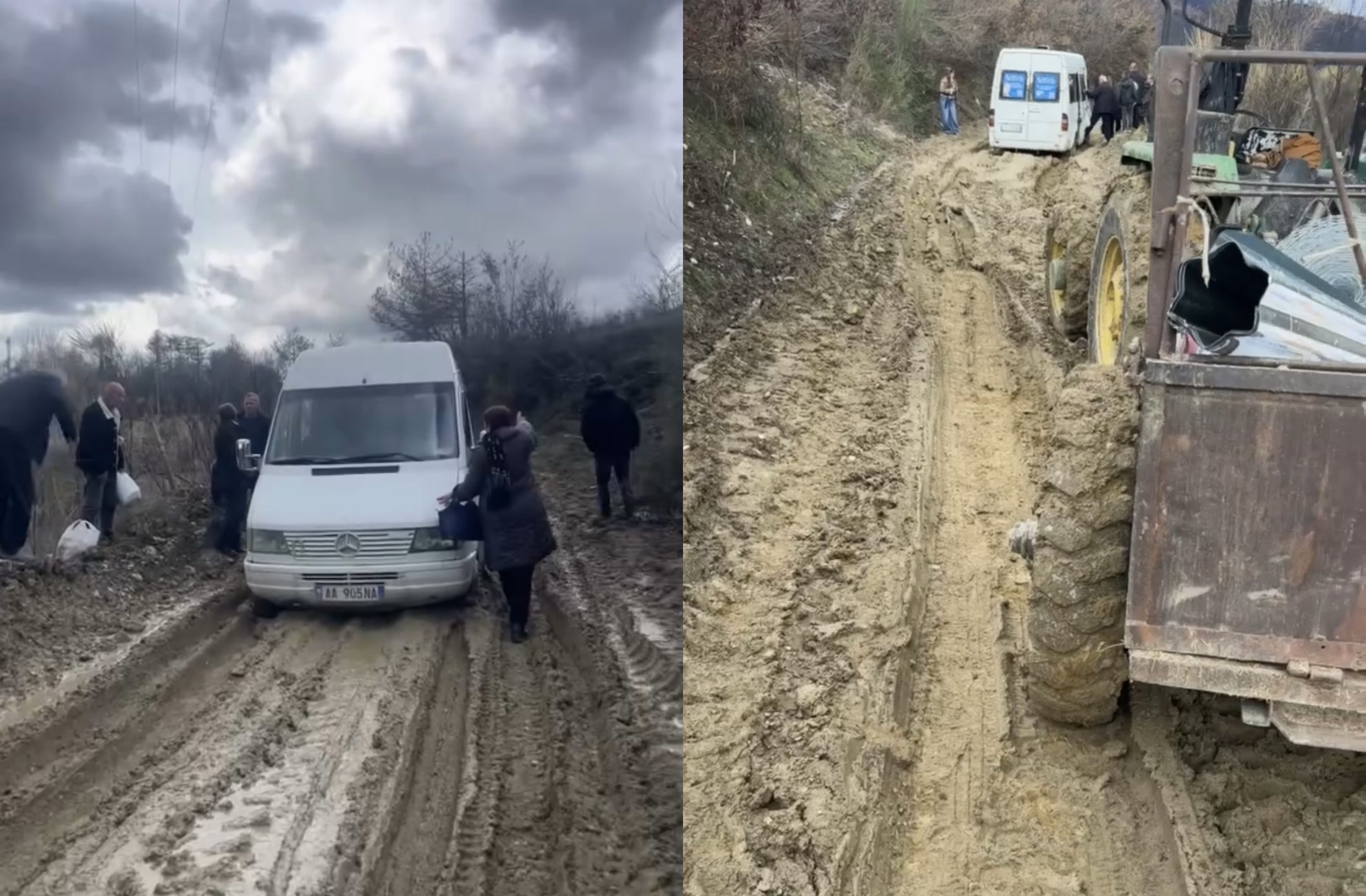 Rrugët e Gramshit si në Mesjetë  furgoni ngec në baltë  Pasagjerët detyrohen të ecin në këmbë