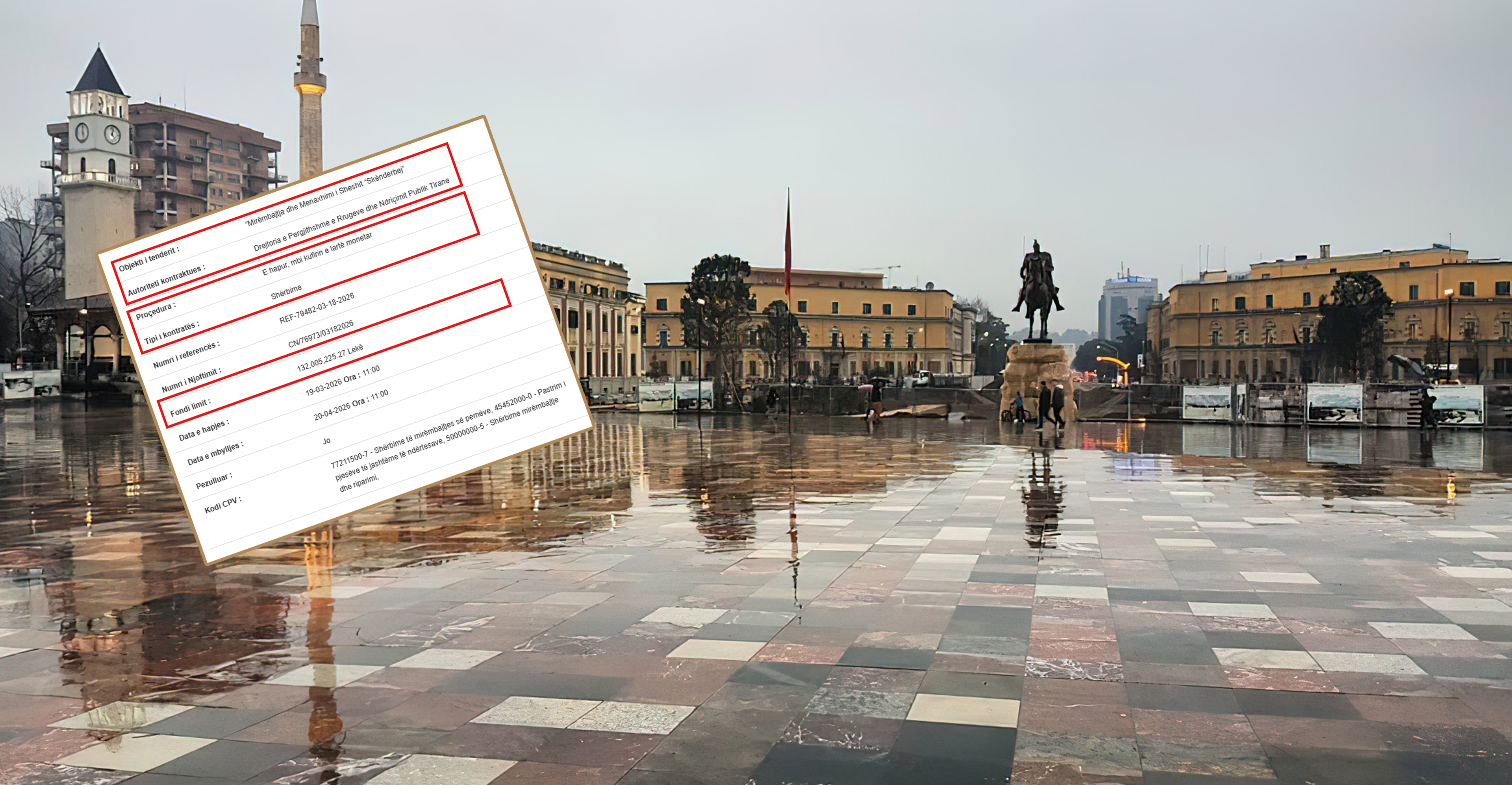 1.7 Milionë Euro për “mirëmbajtje” imagjinare: Tenderi i Piro Sinjarit te Sheshi “Skënderbej”