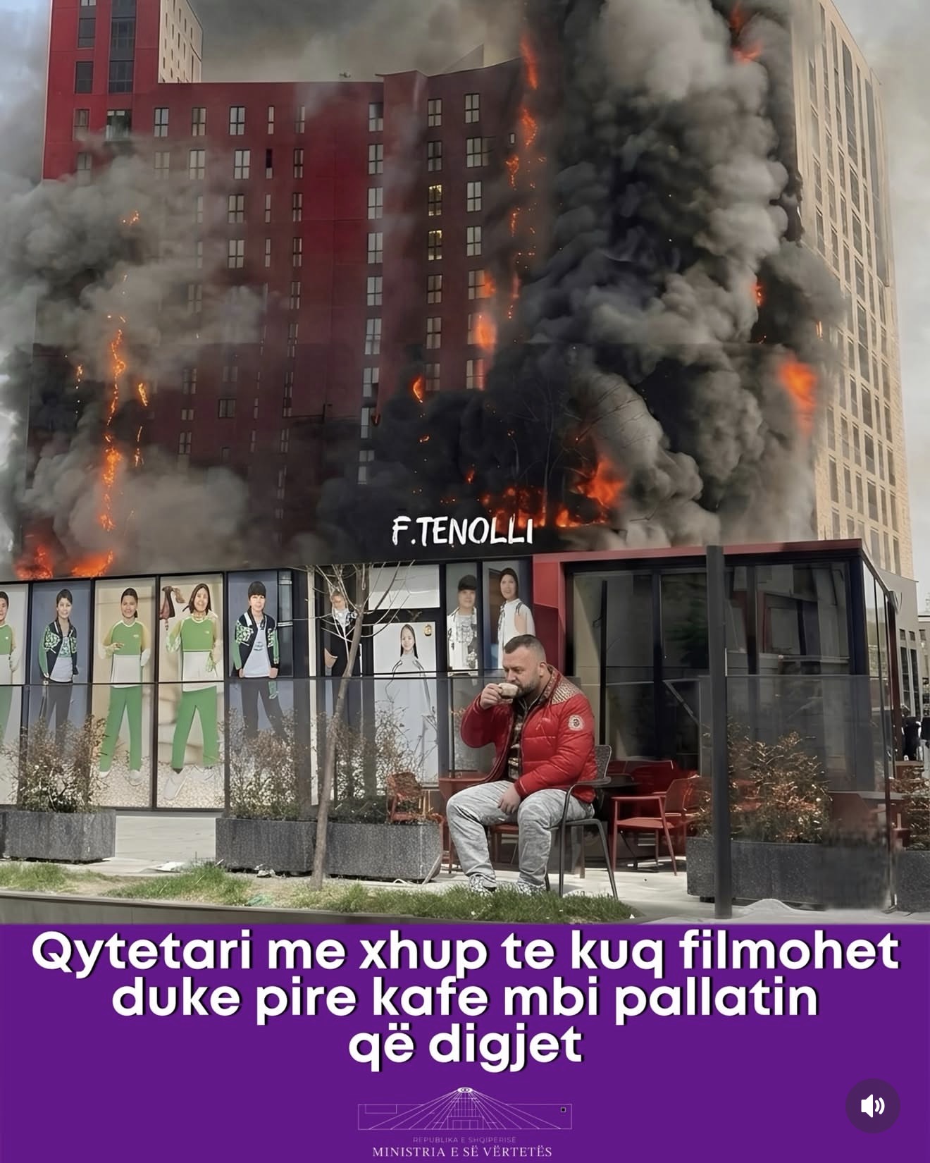 Qytetari me xhup të kuq filmohet duke pirë kafe poshtë pallatit që digjet