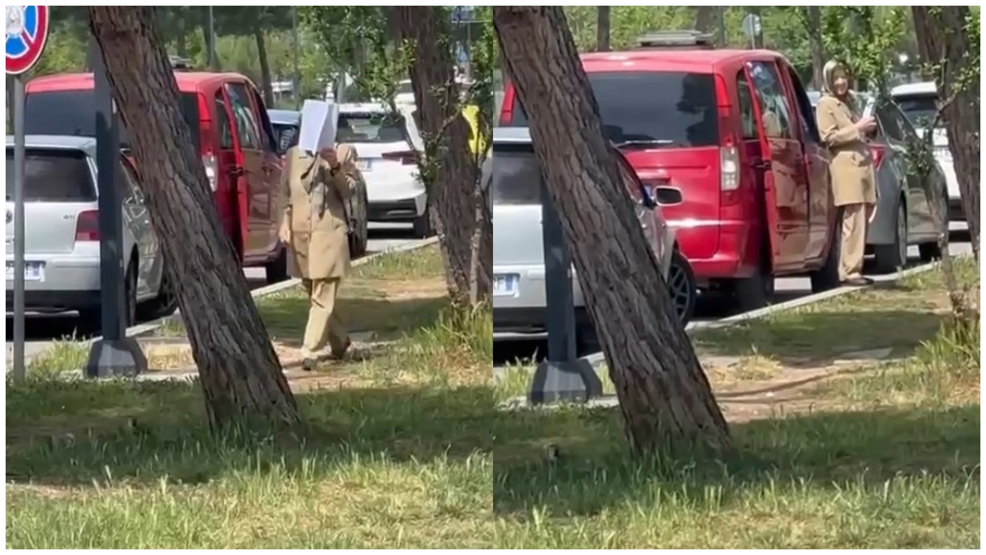  Gruaja me shami afron fëmijët pranë furgonit  mbuloi fytyrën kur më pa 