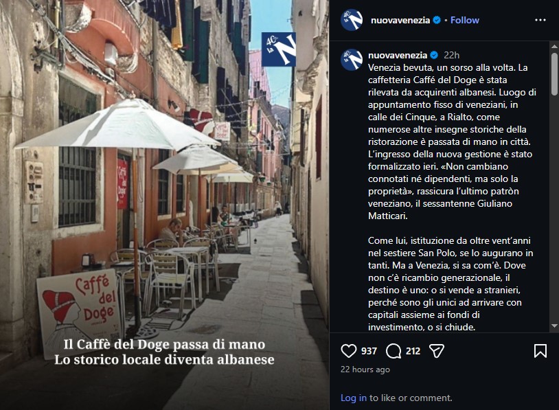 Kafeteria historike në Venecia kalon në pronësi të shqiptarëve