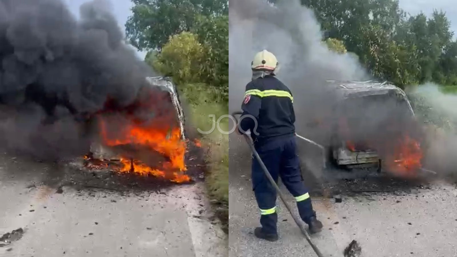 Automjeti përfshihet nga flakët në aksin Berat Lushnje  pasagjerët shpëtojnë mrekullisht