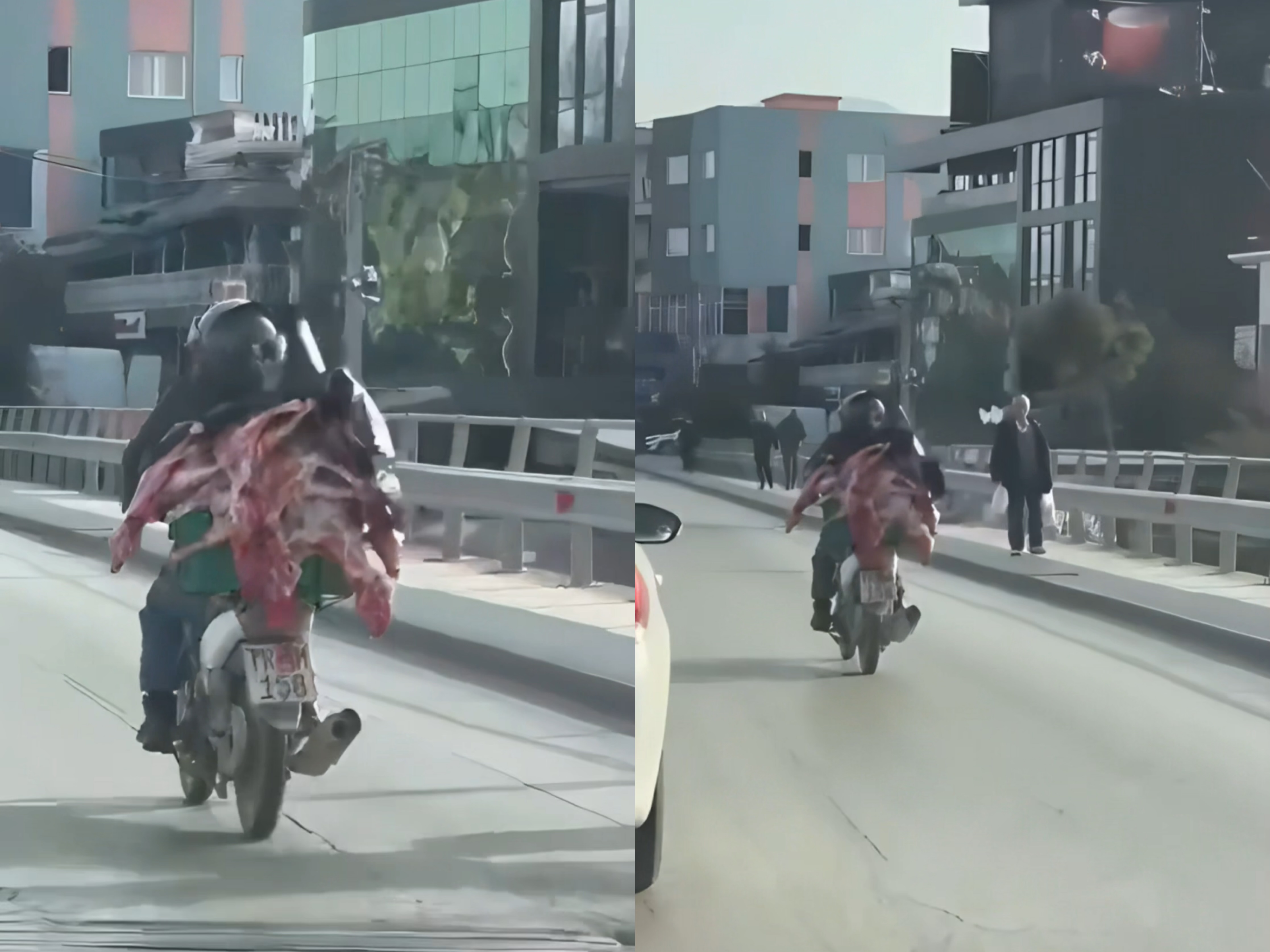 Gati për shitje  Mishi i sapoprerë transportohet me motor në pluhurin e rrugës