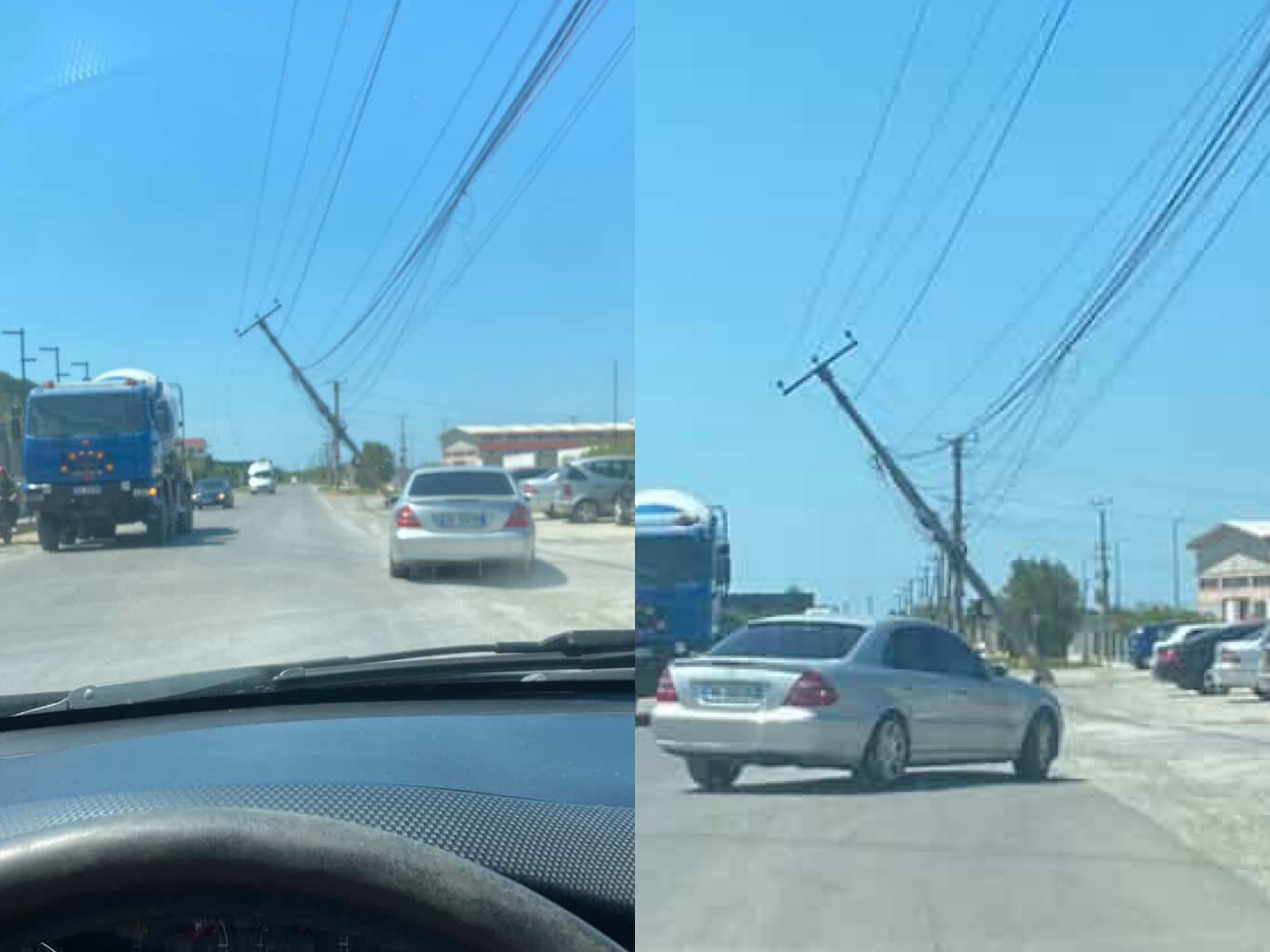 Kujdes kur të kaloni në Shijak! Shtylla elektrike në kënd 60 gradë gati për të rënë