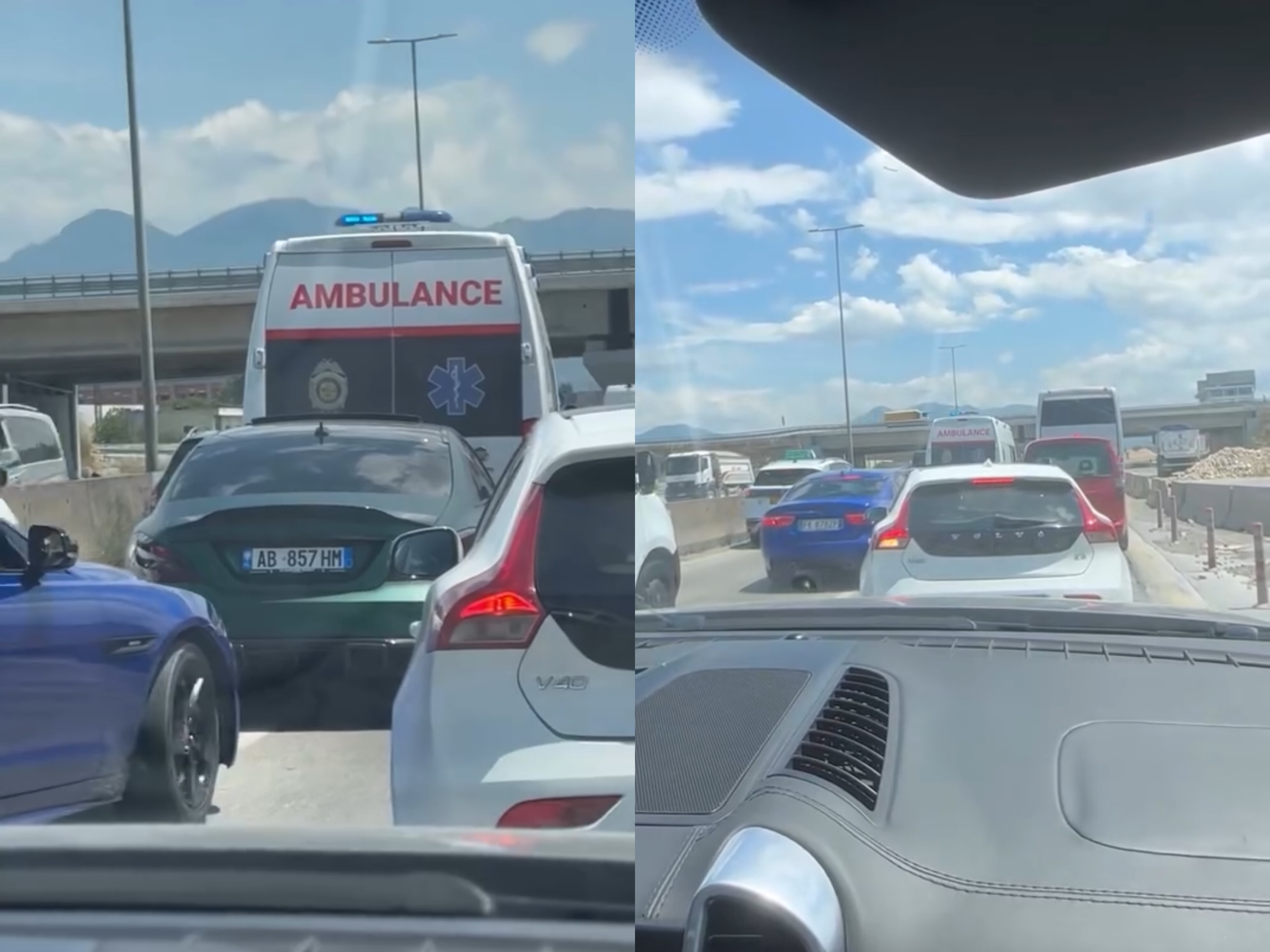 Ambulanca ngec në trafik  shoferët nuk i hapin rrugën por e ndjekin nga pas