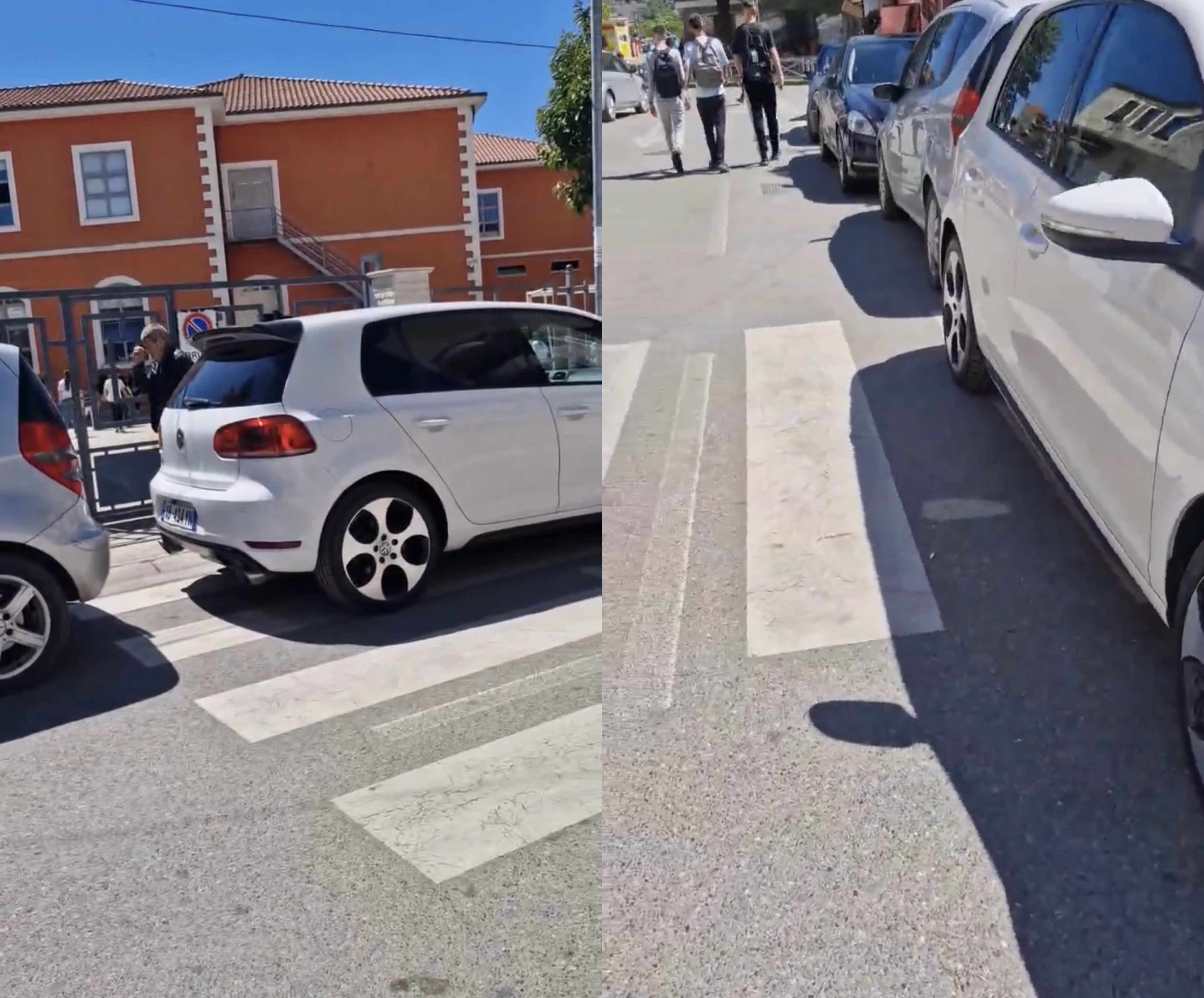  Fëmijët i ruan Zoti  makinat parkohen para shkollës dhe në mes të vijave të bardha 