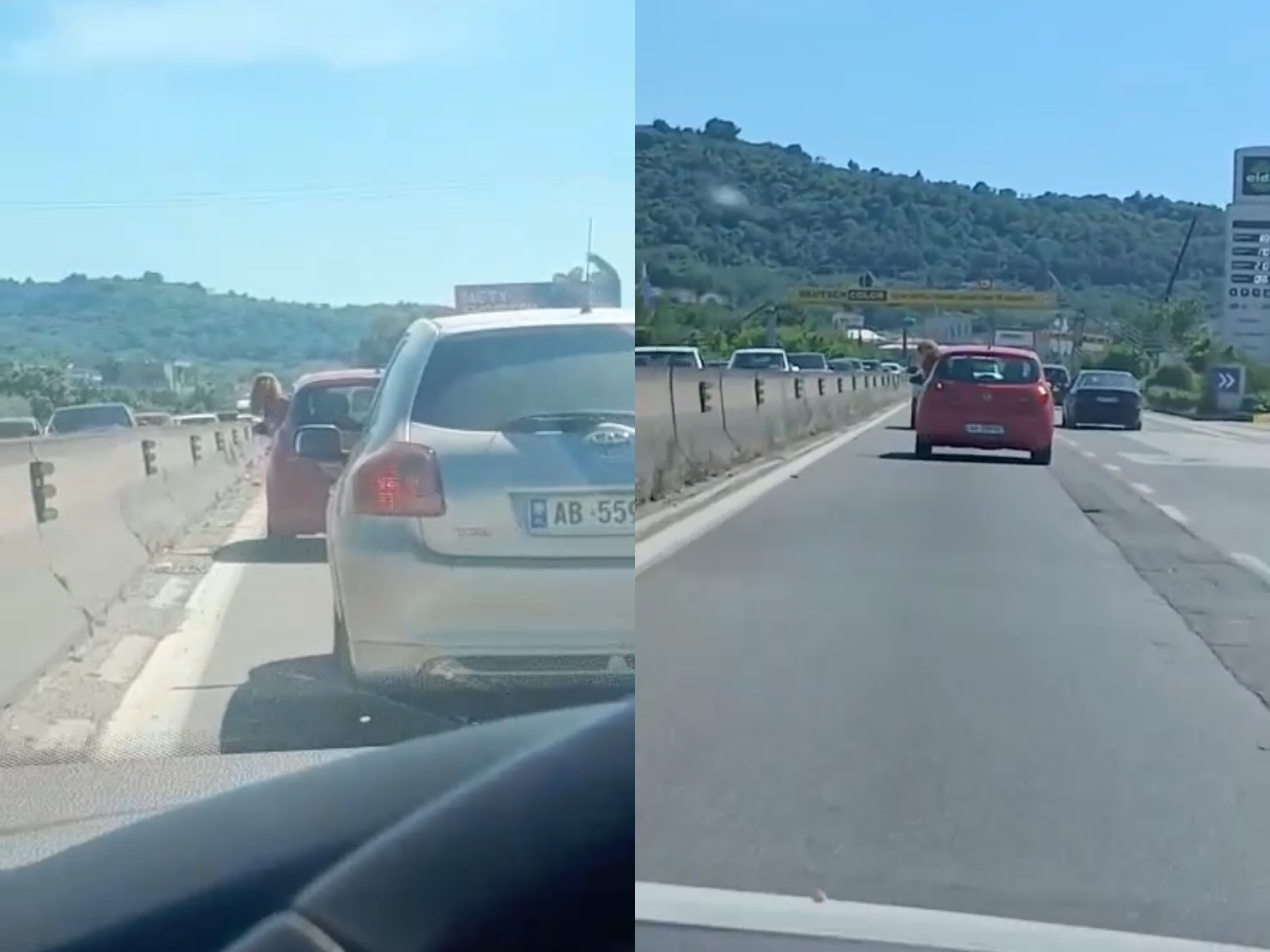 Makina në lëvizje  fëmija me gjysmën e trupit jashtë varet në dritare