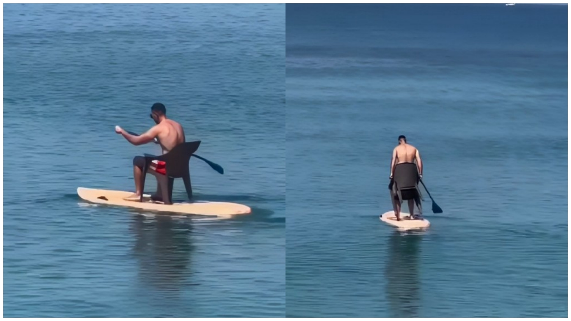 Të sfidosh ekuilibrin në det! I riu ulet me karrige në paddle