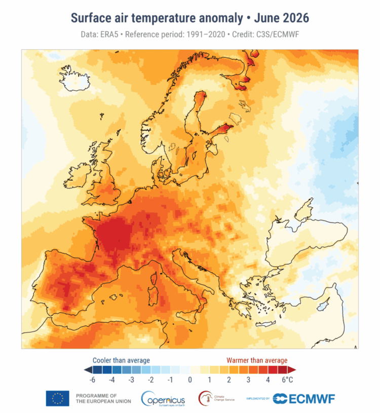 Shqipëria në hartën e anomalive të nxehtësisë  temperaturat mbi normalen