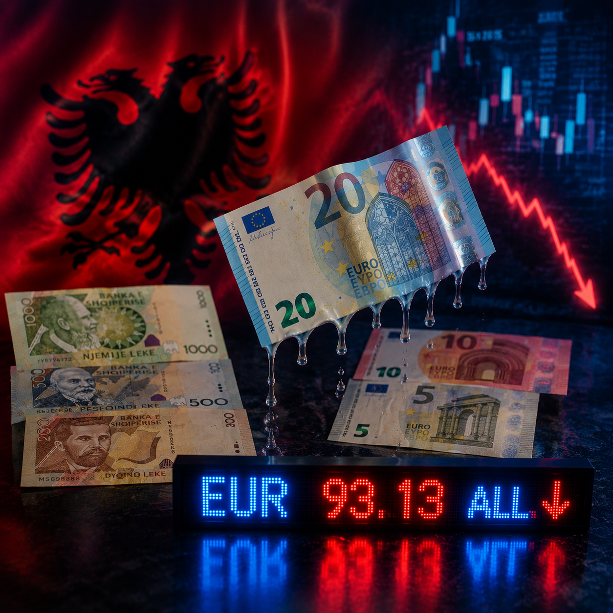 Euro bie në pikiatë, zbret në 93.13 lekë dhe thyen rekord negativ